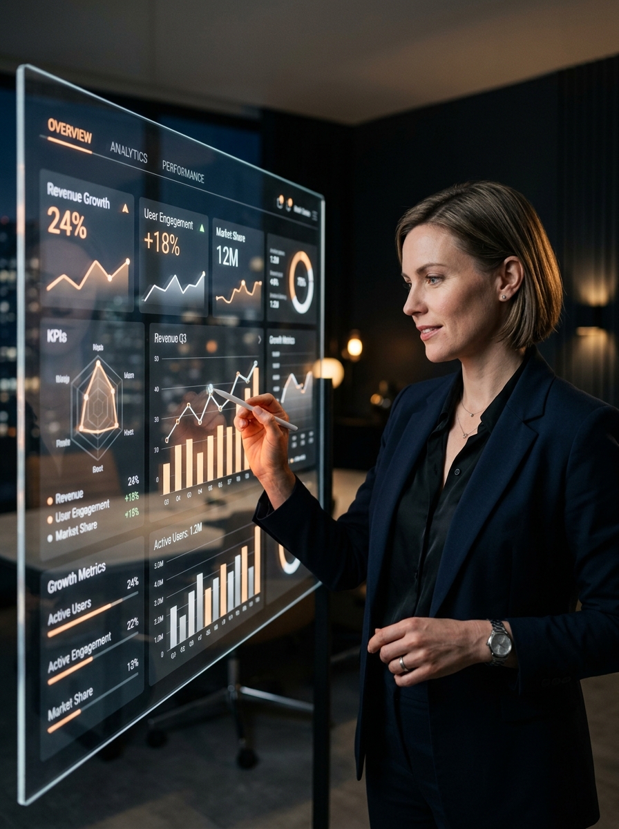 Empresário analisando dados e métricas de mercado estratégicas na AceleraAPP